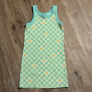 Old Navy Mint/Yellow Checkered Tank Top Dress With Daises - Size Small 6/7